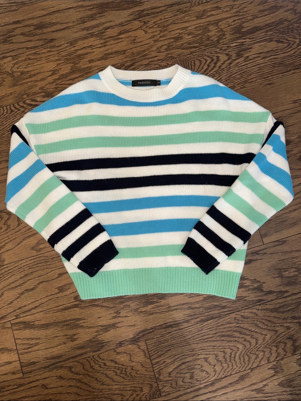Striped Crewneck Sweater in White, Mint & Blue